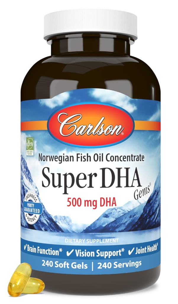 Carlson Super DHA Gems - 500 mg DHA toidulisandeid, 640 mg rasvhappeid, Norra kalaõli kontsentraati, looduslikult püütud, jätkusuutlikult hangitud kalaõli kapsleid, 240 Softgels