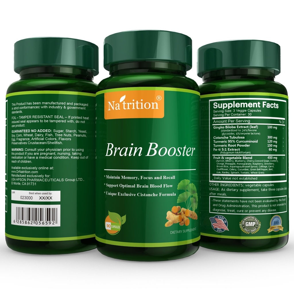Natritsiooni aju võimendaja - Ginkgo Biloba , kurkum , Cistanche Tubulosa , Fo-ti ekstraktsegu - looduslik antioksüdant aju funktsiooni toetamiseks - selgus, fookus ja mälu suurendavad - 90 Veggie kapslit