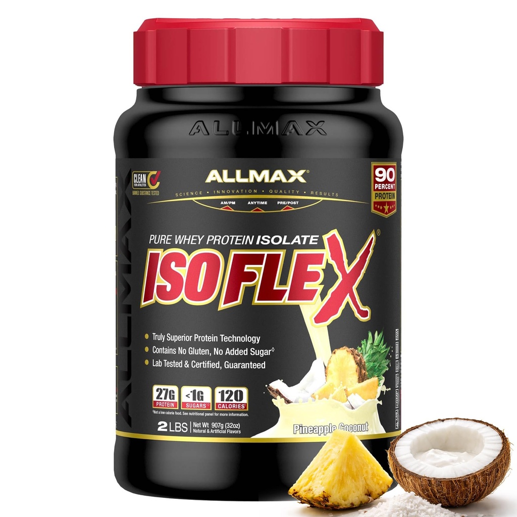 ALLMAX Nutrition ISOFLEX Vadakuvalgu isolaat, ananassikook - 2 naela - 27 grammi valku Scoopi kohta - nullrasv ja suhkur - 99% laktoosivaba - gluteenivaba ja sojavaba - ligikaudu 30 serveerimist
