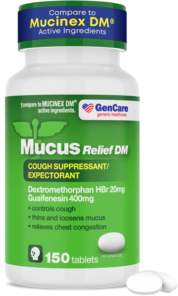 GenCare - lima Relief DM (150 Count Value Puttle) Dextromethorphan HBr 20mg Guaifenesin 400mg | Generic Licus Relief DM | Kohene vabanemine Pinnakatteta köha ja lima ootuspärane Pill