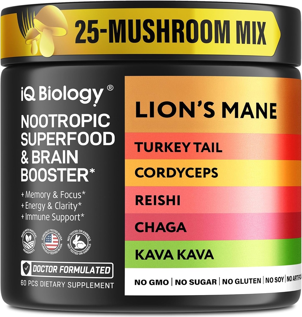 Kava Root Cordyceps Lions Mane Reishi Seenelisand, Nootroopsed Seened Kapslid Kava Väljavõte, Naiste Seenevitamiinid, Ashwagandha, Magneesium - 60 kapslit (1 pakend)