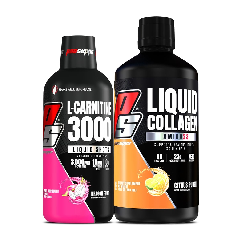 PROSUPPS L-karnitiin 3000 Stimulant Vabad Vedelad kaadrid (Dragon Fruit) Amino23 Vedelad kollageeni kaadrid (Citrus Punch)