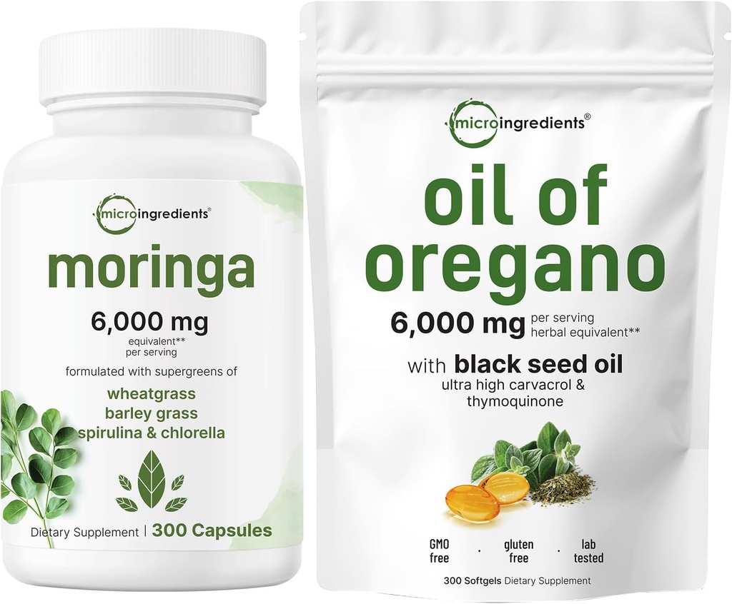 Mikrokoostisosad Oregano Softgelsi õli 300 Count & Moringa Oleifera 6000 mg ekvivalent 300 kapslit Bundle 2 Pack | karvakrool & tümokinoon | Antioksüdandi lisand