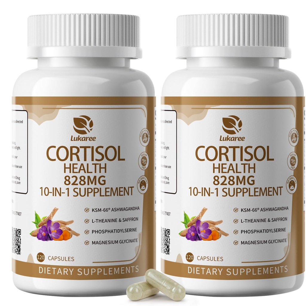 10-IN-1 kortisooli lisandid magneesiumi, ashwagandha, kummeli, L-Theanine, fosfatidüülseriin, naistepuna, astragalus, vitamiin C & D3, naiste meestele, 240 vegankapslit 4 kuu jooksul, mitte-GMO