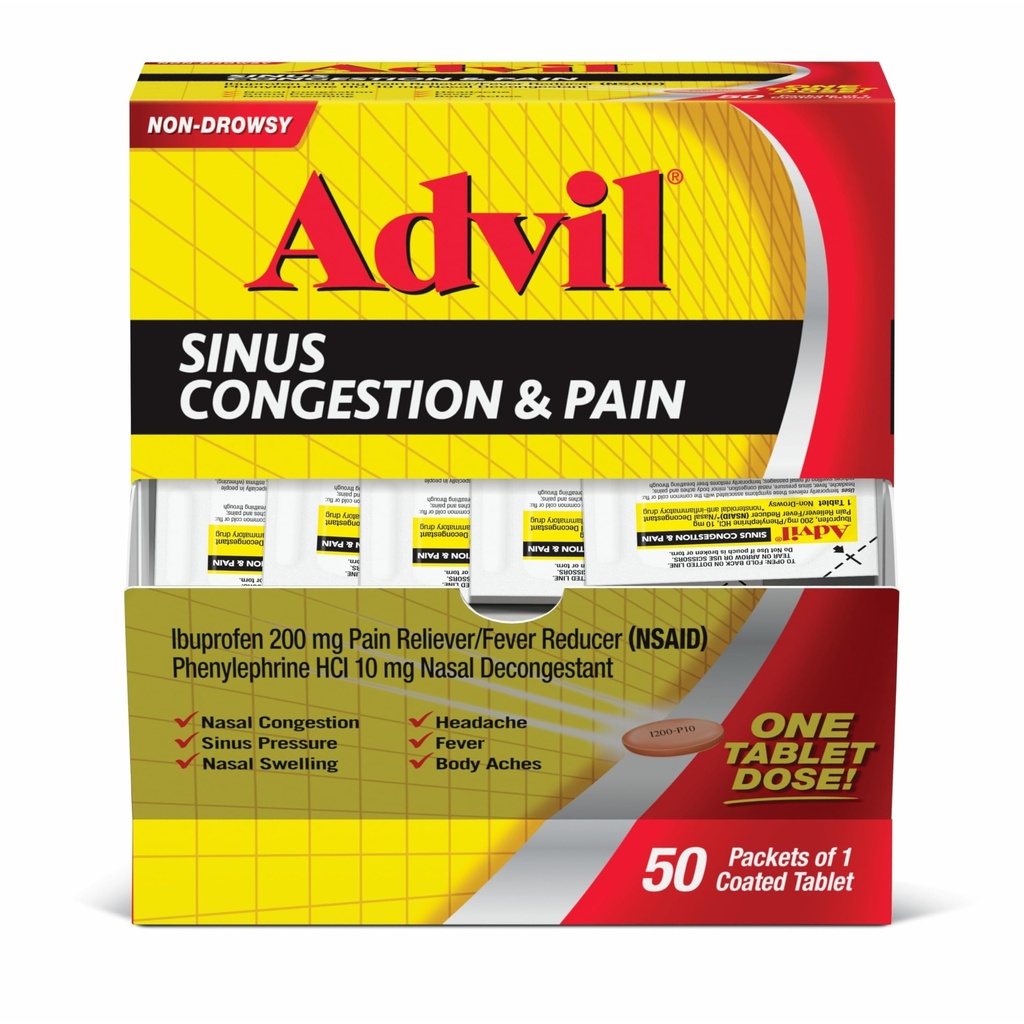 Advil Sinus'i ummistus ja valu, siinuse leevendamise meditsiin, valu leevendamine ja palaviku vähendaja ibuprofeeni ja fenüülefriini HCl - 50 kaetud tabletti