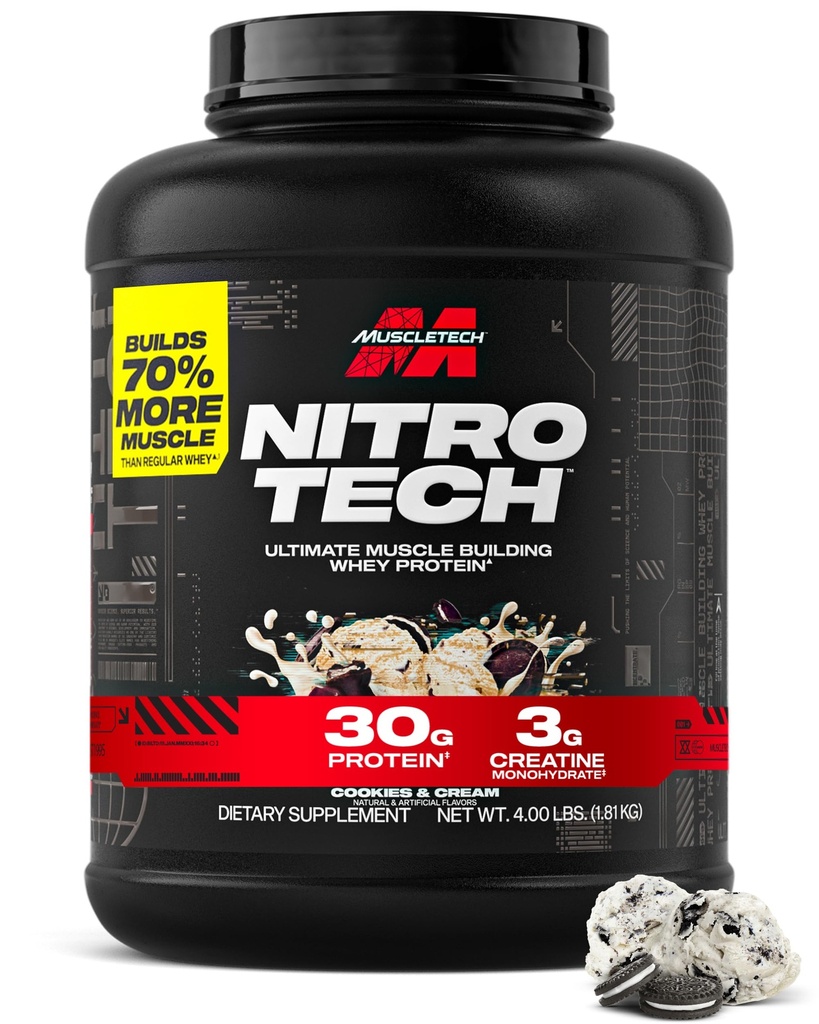 Muscletech vadakuvalgu pulber (Cookies & Cream, 4 naela) - Nitro-Tech Ultimate Muscle Building Formula koos vadakuvalgu isolaadiga - 30 g valku, 3 g kreatiini ja 6,8 g BCAA - pakend võib varieeruda