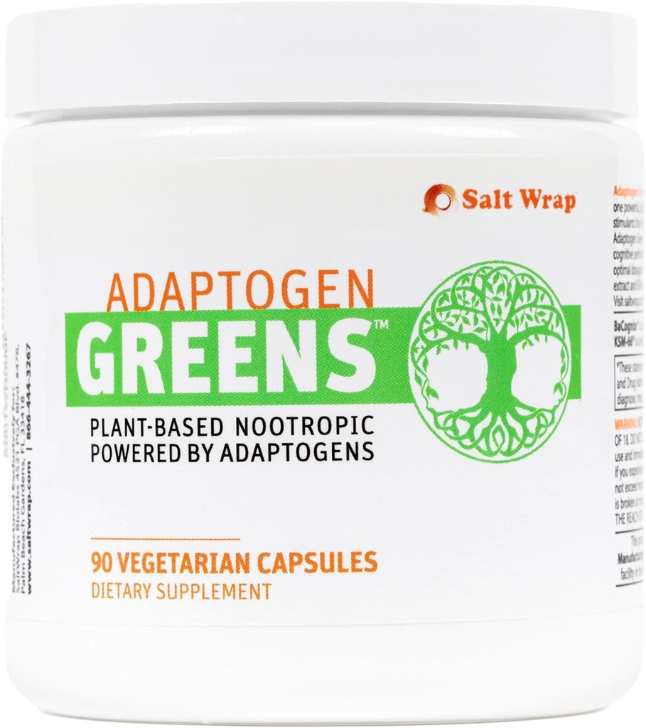 SaltWrap Adaptogen Greens - Mind-Body Resilience Formula - Kofeiinivaba Nootroopne stressi, fookuse ja kognitiivse jõudluse jaoks - 90 kapslit
