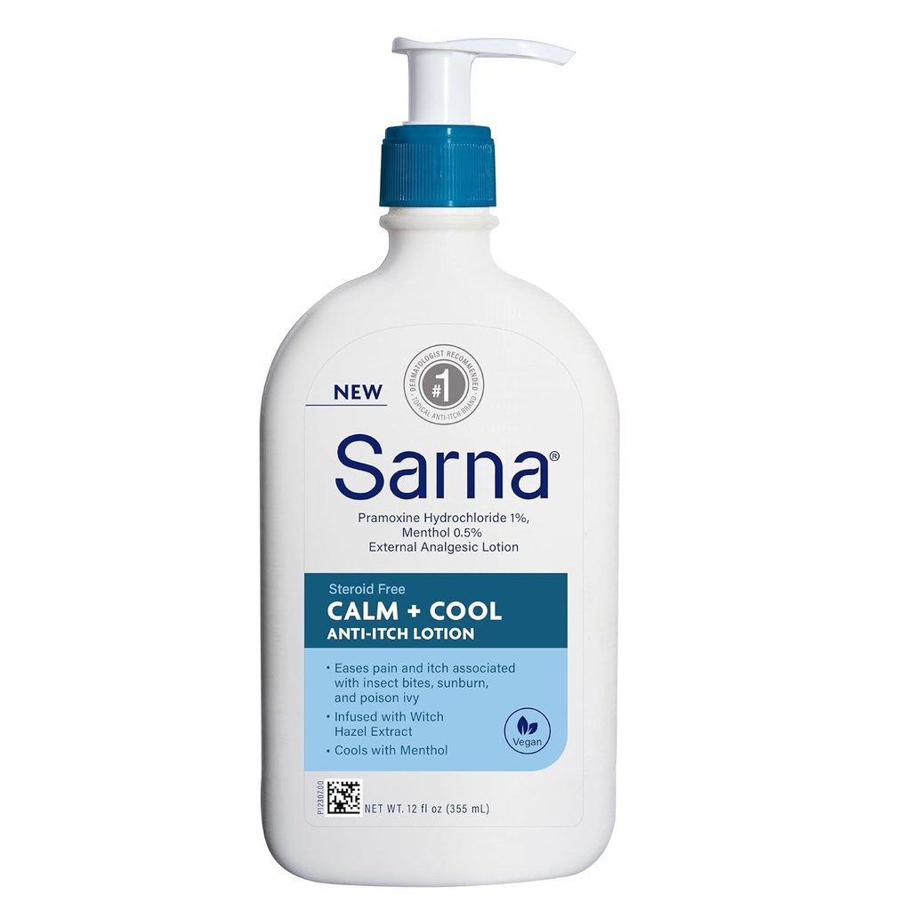 Sarna Calm + Cool Anti-Itch Lotion, Soojenda ja leevenda valu ja sügelust putukahammustustest, päikesepõletusest ja mürgist Ivy, sisaldab 1% Pramoxine Hydrochloride, 0,5% Menthol, Vegan, Steroid-free, 12 oz