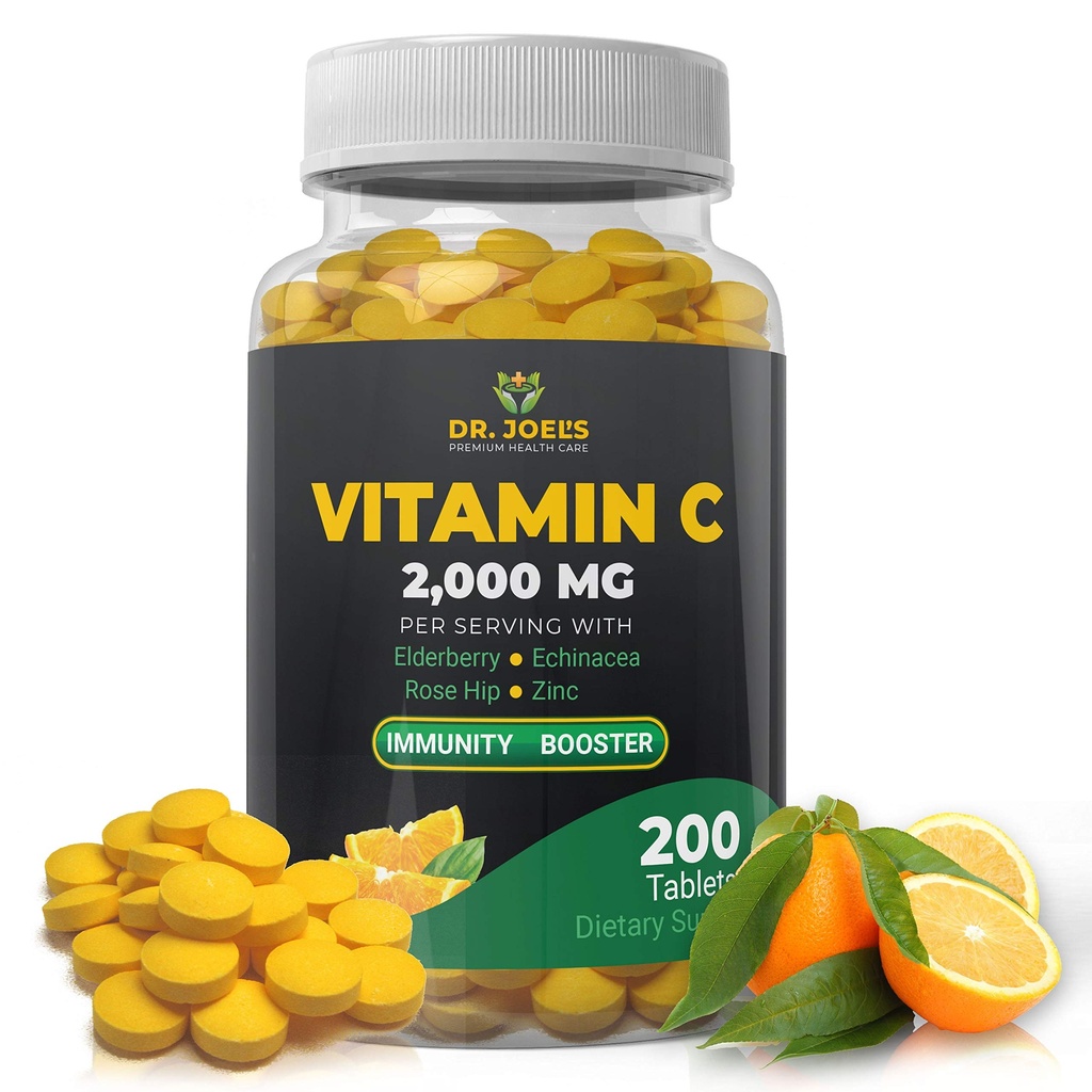 Dr JOEL Immuunsüsteemi tugivitamiin C 2000 mg - 200 tabletti - tsink, Elderberry, Rose Hip, Echinacea - suurendab immuunsüsteemi - valmistatud USA-s