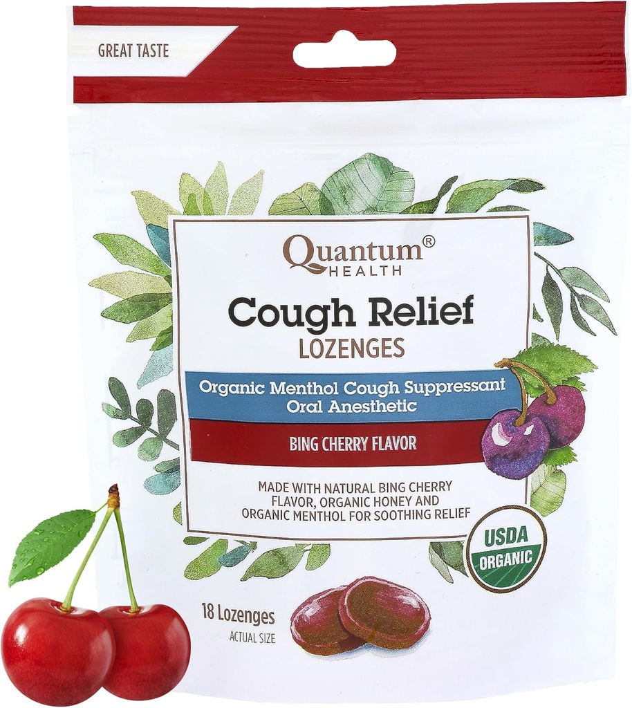Quantum Health USDA orgaaniline köha tilgad mentooli ja mee kurgu lozenges - rahustav Bing Cherry maitsestatud supressant - kuiv suu ja valulik kurgu leevendamine täiskasvanutele ja lastele - 18 Count