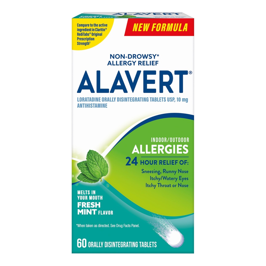 Alavert Allergy 24-tunnine leevendus, värske piparmündi maitse, suu kaudu lagunev allergia tabletid, mitteuimastav antihistamiin, loratadiin 10mg, 60 krahv