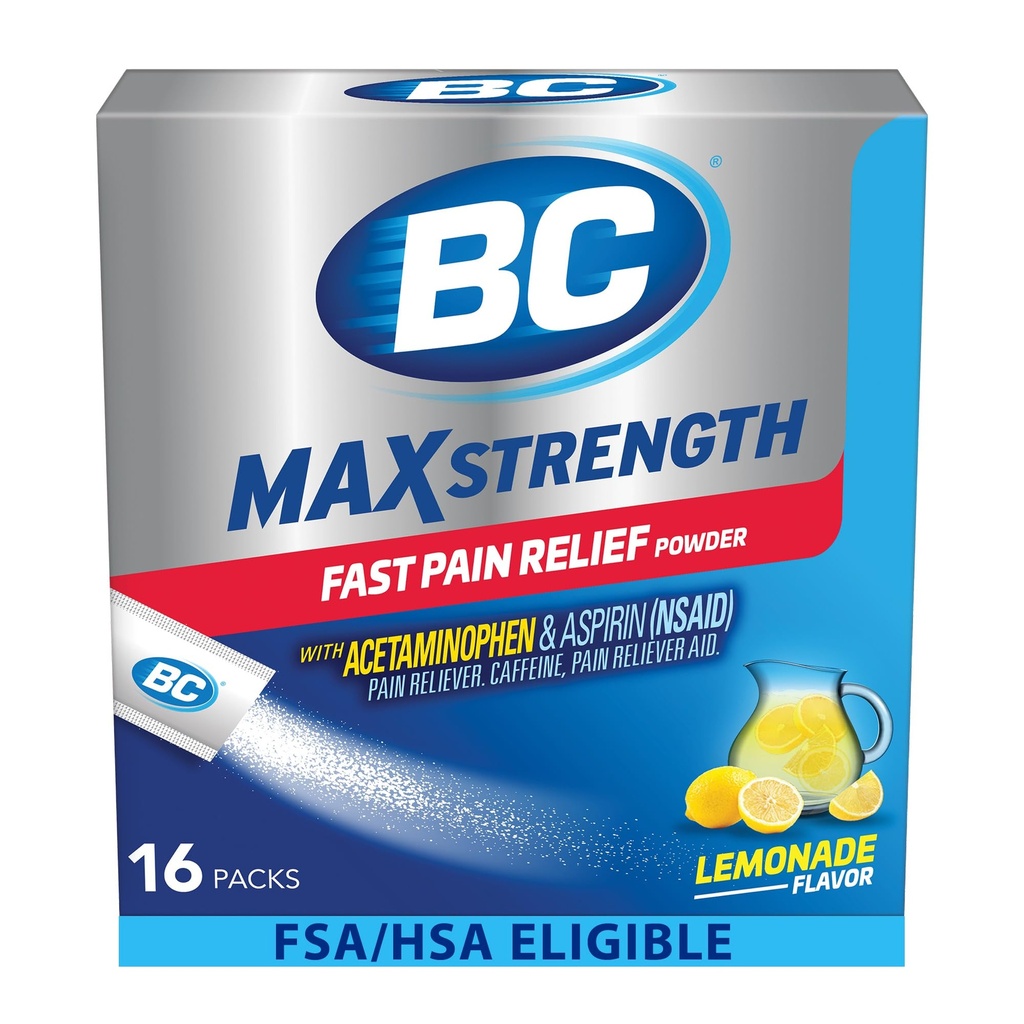 BC MAX Tugevus Kiire valu leevendamise pulber, limonaadi maitse Aspiriin 500mg ja atsetaminofeen 500mg Lahustada pakendid, 16 Count