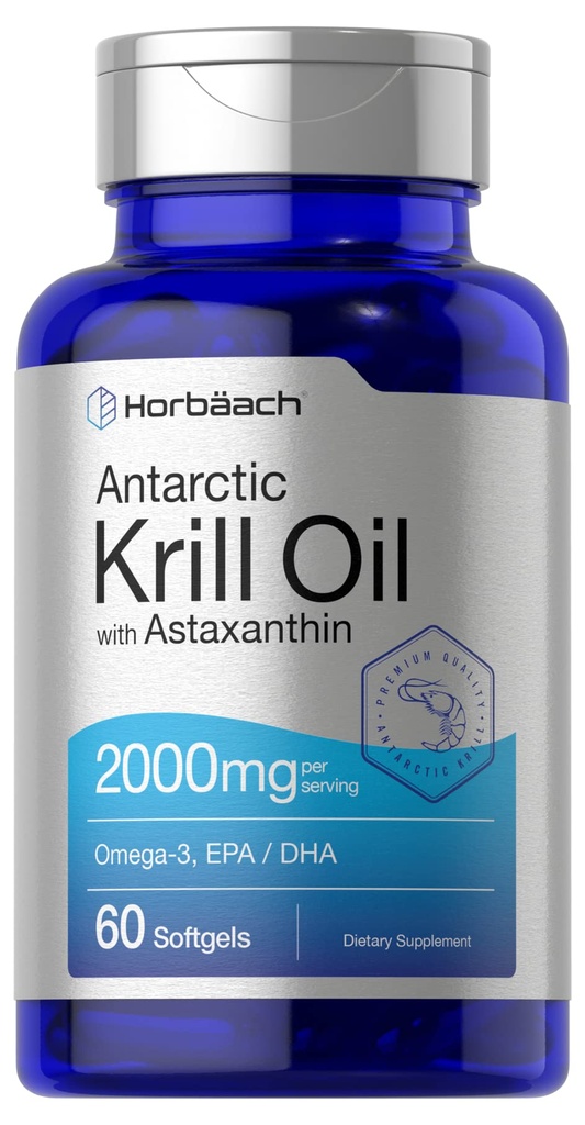 Horbäach Antarktika krillõli 2000mg | 60 Softgel kapslid | Omega-3, EPA, DHA täiendus | astaksantiiniga | Mitte-GMO, Gluteenivaba