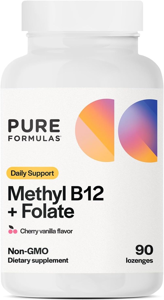 PureFormulas Methyl B12 + Folate Supplement, 1000 mcg Methylated B12 Supplement, 665 mcg Folate, Cherry Vanilla Flavor, Methylated Vitamiin B 12 - Non-GMO, 90 Lozenges