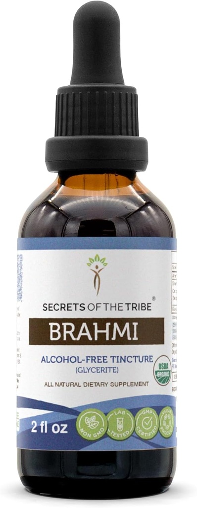 Saladused Tribe Brahmi USDA orgaaniline | Alkoholivaba ekstrakt, suure tugevusega taimetilgad | Valmistatud 100% sertifitseeritud orgaanilisest Brahmi (Bacopa Monnieri) kuivatatud maitsetaimest 2 oz