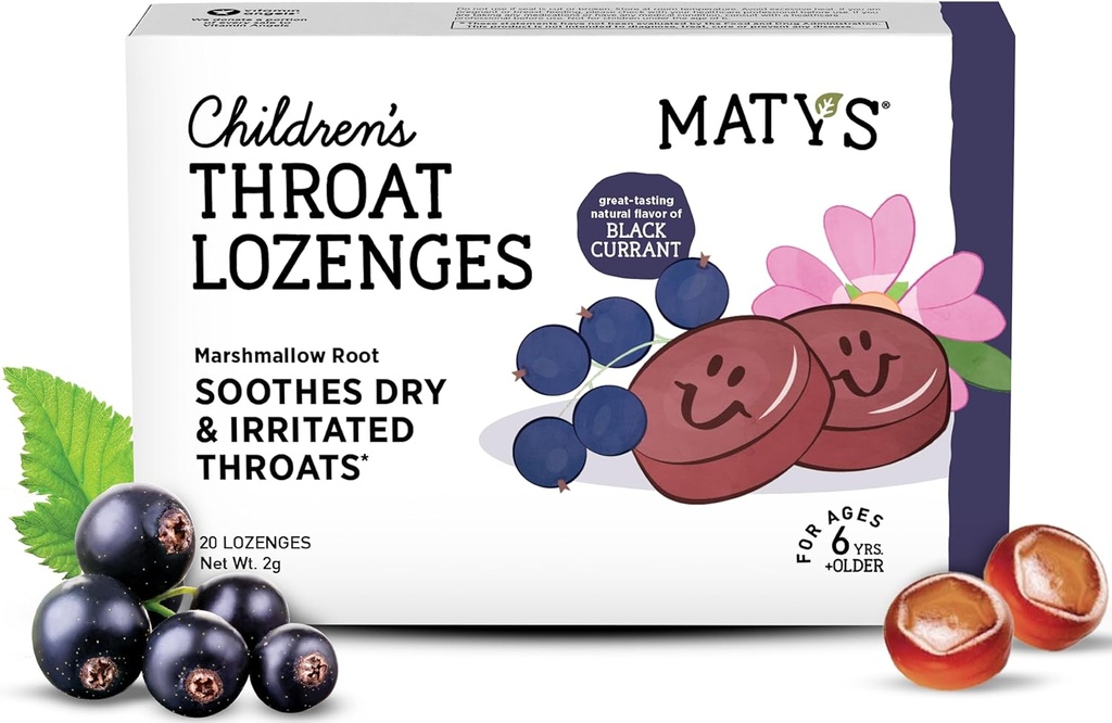 Matys Kids Throat Lozenges vanuses 6 aastat vana +, maitsev must sõstramaitse, Soothe Kuiv ja ärritunud kurgud ja hääled vahukommi juurega, suhkruvaba, vegan, värvivaba, alkoholivaba, 20 krahv