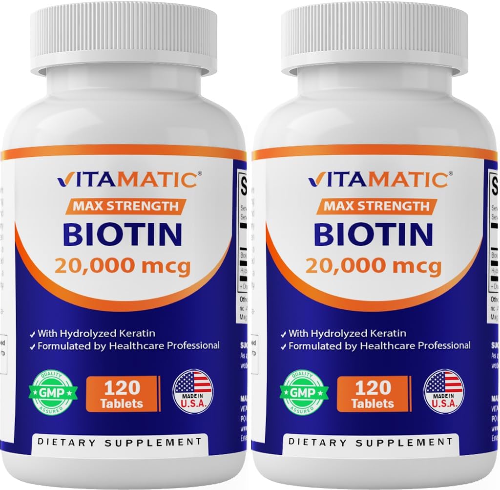 Vitamatic High Potency Biotin 20000 mcg (20mg) koos Keratin 100mg - 120 Taimetoitlased tabletid - Biotin toidulisandeid tervete juuste naha ja küüned täiskasvanutele (120 loe (pakk 2))