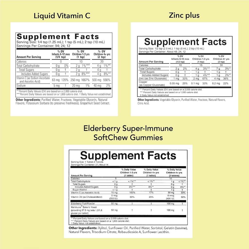 LAPSED ESSENTIALS Lapsed Immune Support Bundle - Vedel C-vitamiin, Elderberry Gummies ja vedel tsink imikutele, väikelastele ja lastele
