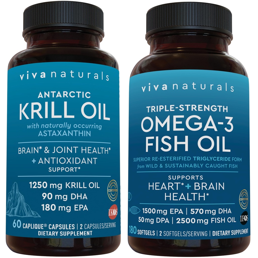 Antarktika krillõli ja kolmekordne oomega 3 kalaõli komplekt, 1250 mg krillõli ja 2200 mg kalaõli serveerimisel Omega 3 EPA ja DHA