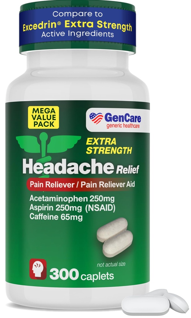GenCare - Peavalu Relief Acetaminophen koos aspiriini (NSAID) ja kofeiini (300 Caplets) Väärtus Pack | Peavalu, lihasvalu, seljavalu ja keha | Üldine ExcedrEn ekstra tugevus