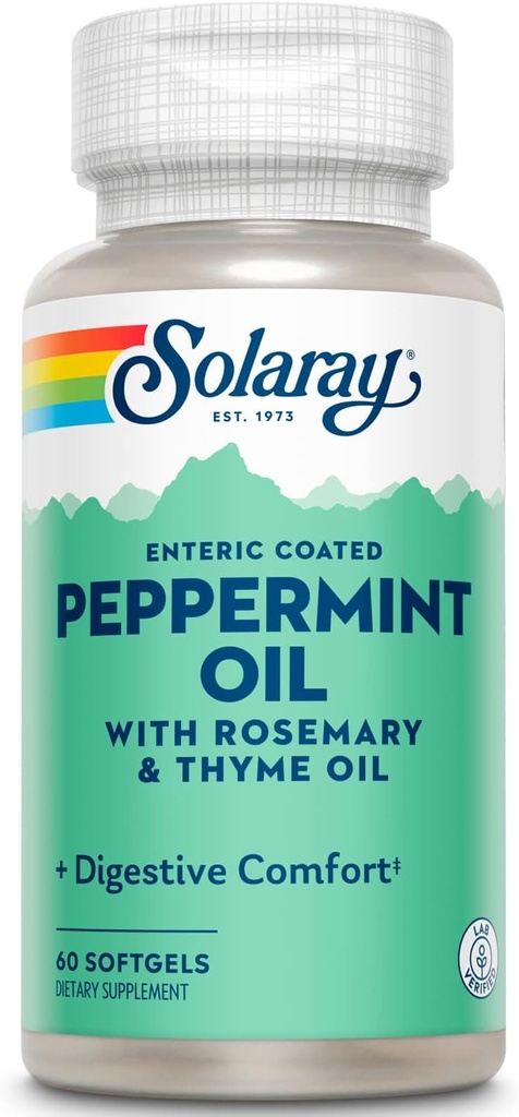 Solaray Peppermint Oil Enteric kaetud w / Rosemary & Thyme Oil | Tervislik, rahustav seedimise toetus | 60 Softgels