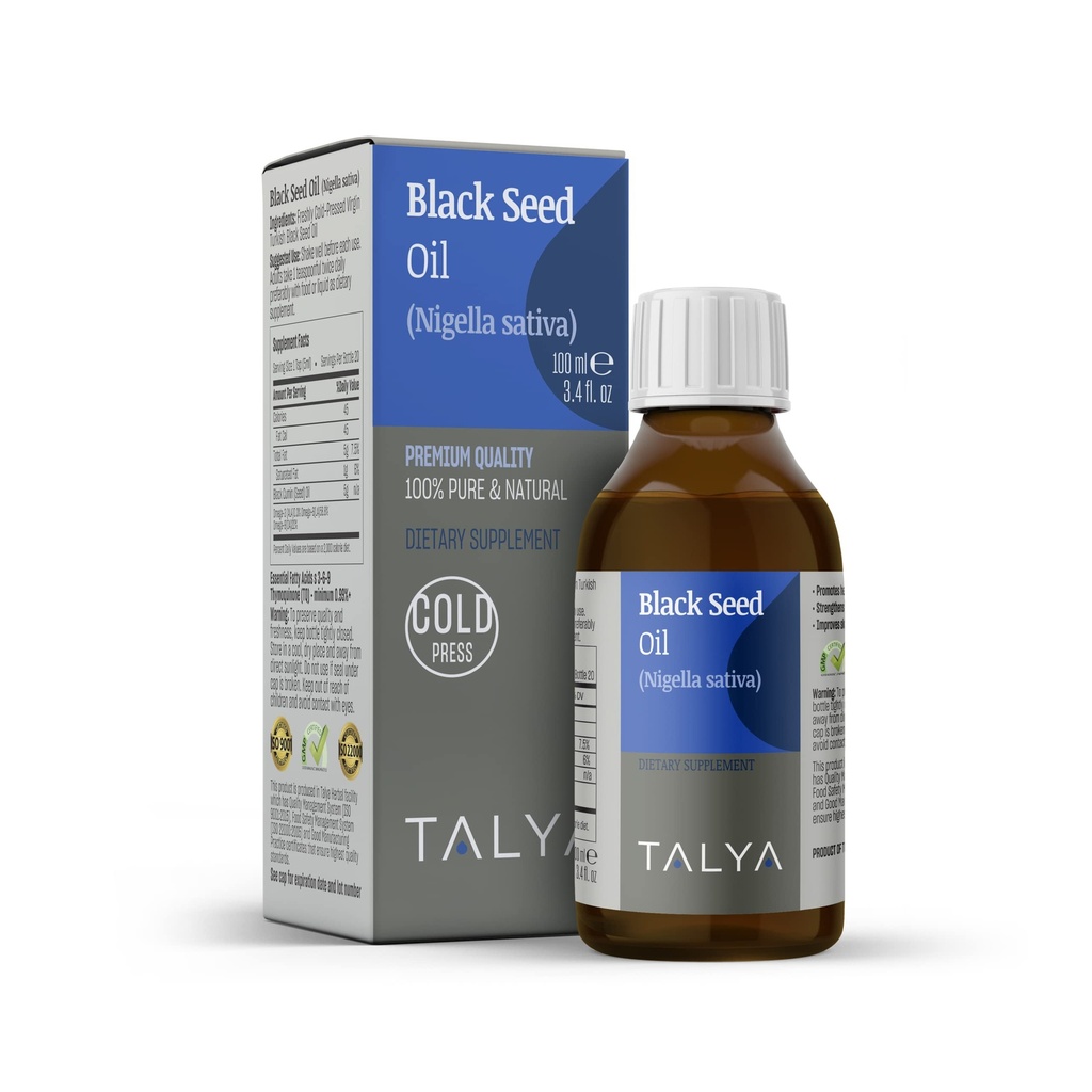 TALYA Black Seed Oil 3.4 fl. oz (100 ml) - Vedel musta seemne õli - Dietary Supplement - Immune Support - High Thymoquinone - Cold Pressed - Pure Turkish Black Seed Oil - Non-GMO - Glass Bottle