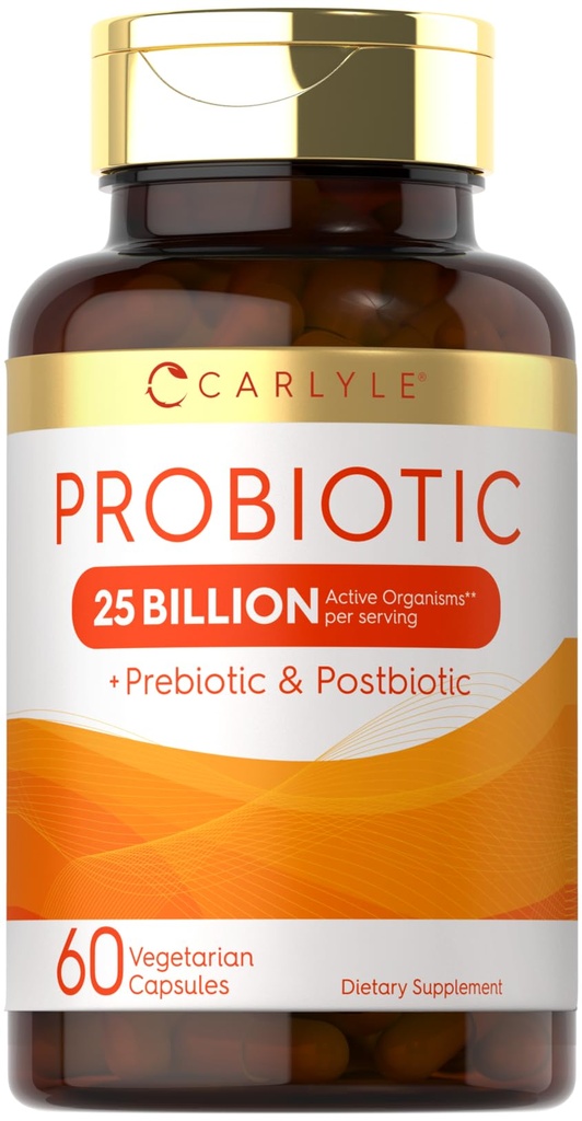 Carlyle probiootikumid prebiootikumide ja postbiootikumidega | 25 miljardit CFU | 60 kapslit | Naiste ja meeste toidulisand | Pulberpillid | Taimetoitlane, mitte-GMO ja gluteenivaba