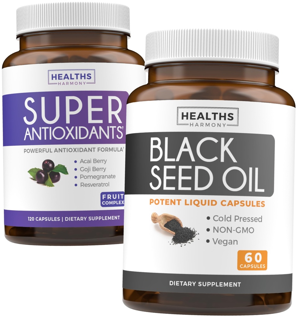 Antioksüdandid ja must seemneõli (1-kuuline pakkumine) Super Antioksüdandi täiendus Acai Berry, Goji Berry, granaatõuna ja trans-resveratrooliga (120 kapslit) ja musta seemne õli (mitte-GMO & Vegan) 60 kapslit