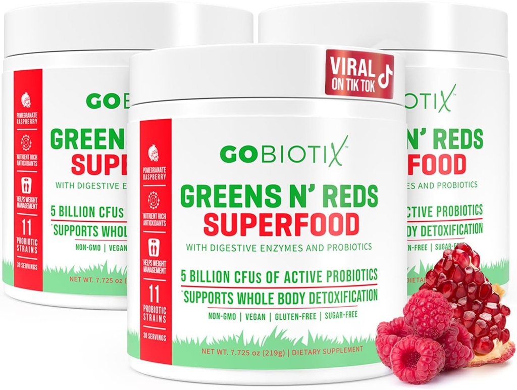 GOBIOTIX Super Greens and Reds Powder - Red and Green Superfood - Probiootiline täiendus - Seedeensüümid ja peedi juurepulber - Orgaaniline kogu toidu toidulisand (Pom Vaarika, 3 Pack)