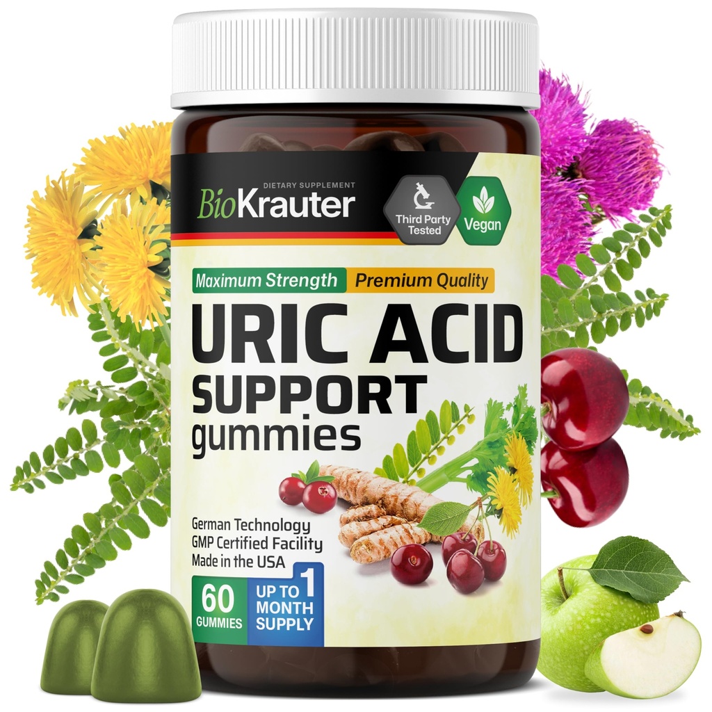 BIO KRAUTER Uric Acid Support Gummies - 60 Vegan Chews - Uric Acid Support w/Tart Cherry & Chanca Piedra 4: 1 Ekstraktid - Natural Kidney Supplement w / Piimohakas ja kurkum