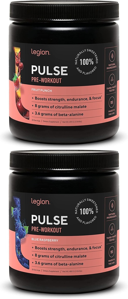 LEGION Pulse Pre Workout Supplement - Kõik looduslikud lämmastikoksiidi ettevalmistusjoogid energia suurendamiseks, kreatiinivaba, looduslikult magustatud, beeta-alaniin, tsitrulliin, Alpha GPC (puuviljapunch ja sinine vaarika)