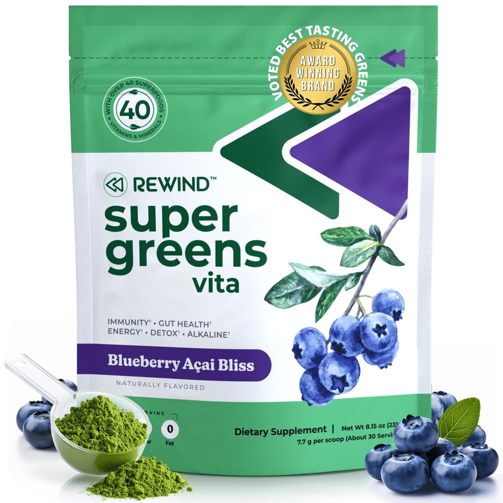 Parim maitsev superroheline pulber 40+ supertoiduga - maitsev igapäevane roheline pulber vitamiiniga B12, tsink, C-vitamiin, magneesium ja kaltsium - roheline mahl Superfood Mix - mustikas Acai Maitse