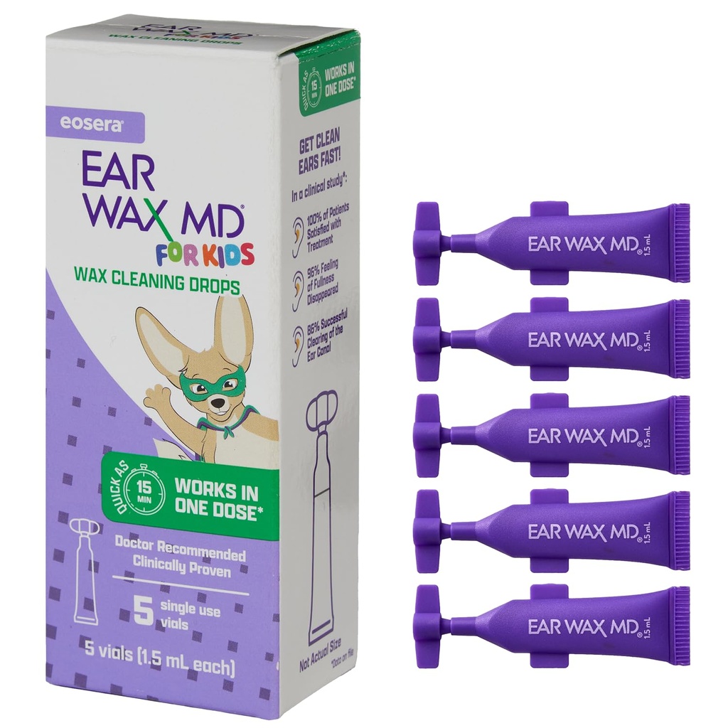 eosera® Kõrvavaha MD® lastele - Kõrvavavaha puhastustilgad, 5pk Viaalid | Kiiretoimeline | Puruneb ja lahustub Kõrvavaha nii vähe kui 1 ravi | Kliiniliselt tõestatud | Õrn ja ohutu I lastele vanuses 2+