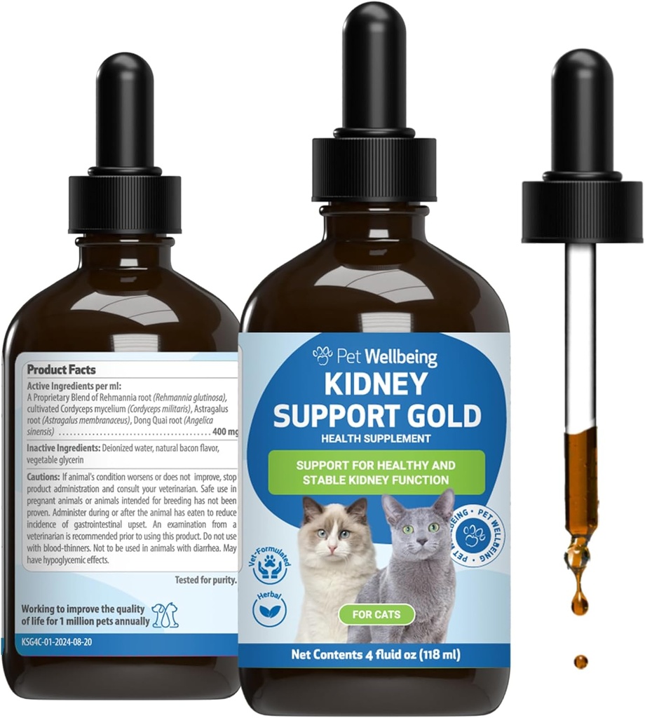 Lemmikloomade heaolu Neerude toetus kuld kassidele - toetab tervislikku neerufunktsiooni, vedeliku tasakaalu, energia taset, rehmanniat, Dong Quai - veterinaararsti poolt formuleeritud taimset lisa 4 oz (118 ml)