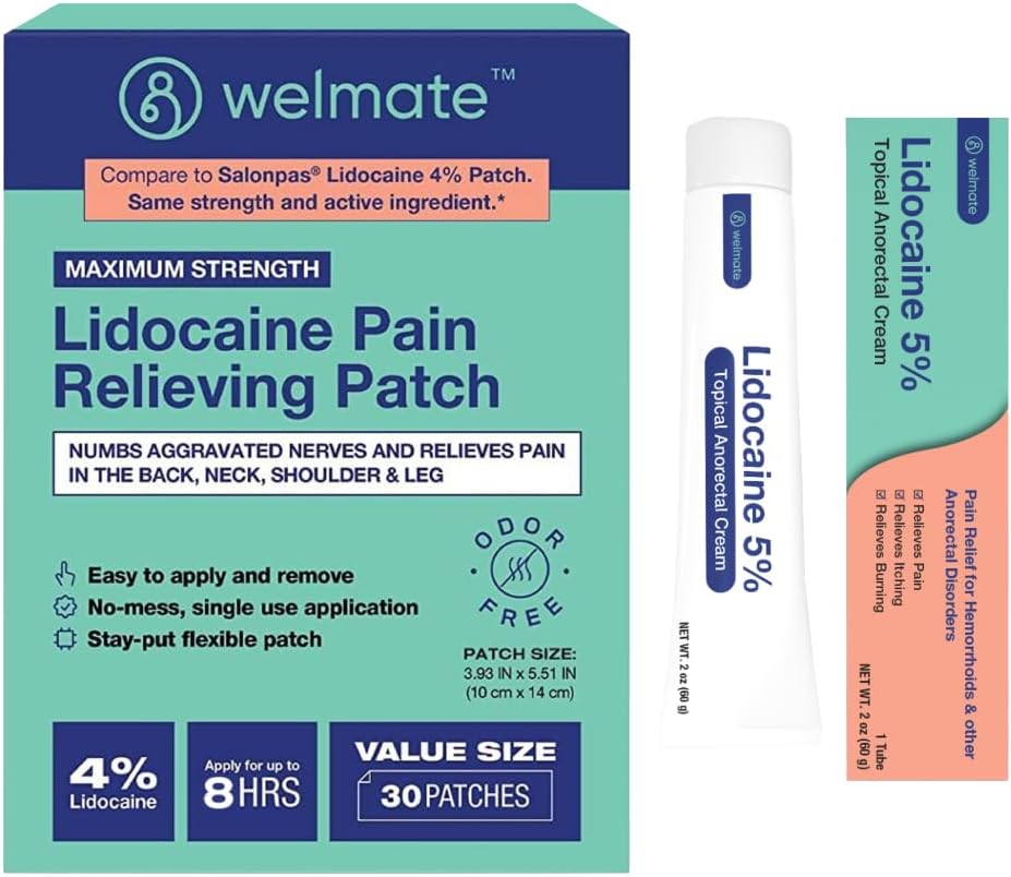 WELMATE Ultimate Pain Relief Duo: 4% Lidocaine Numbing Patch (30 Ct) & 5% Lidocaine Cream (2 Oz) | Maksimaalne tugevus Topical Analgesic Kit
