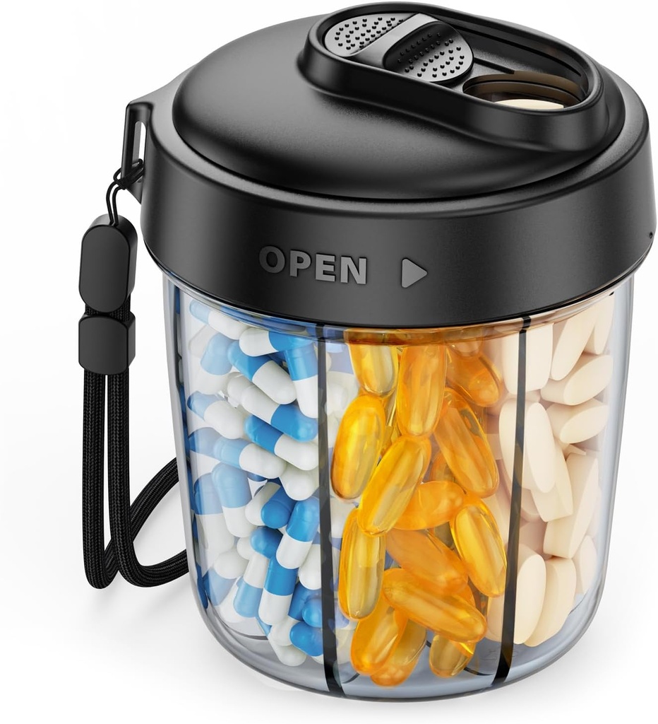 AUVON Large Pill Dispenser to Store 7 Various Supplements, Travel Pill Organizer with Anti-Mix Design, Pill Bottle with Wide Opening & Slider Lid Easy to Use, Includes 20 Blank Stickers, Black