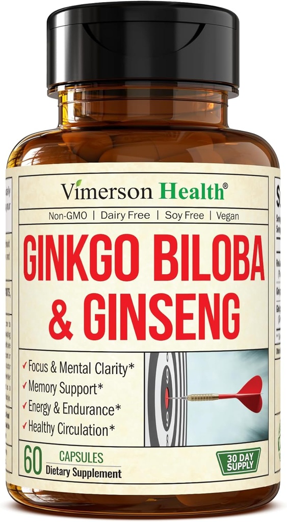 Aasia ženšenn ja Ginkgo Biloba Toidulisandid - Panax ženšenni ekstrakt 700mg + Ginko Biloba 720mg - Nootroopne aju lisand mälule, fookusele ja püsivale energiale - 60 kergesti neelatavat kapslit