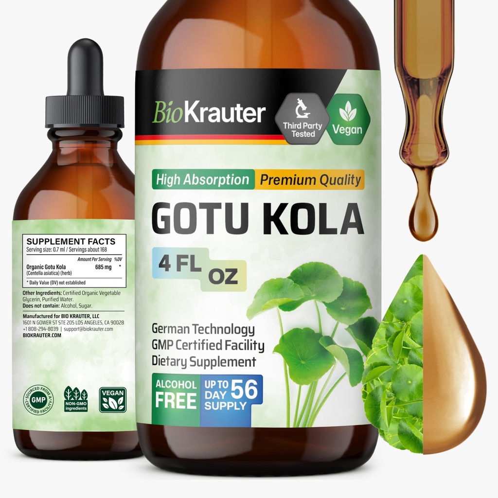 BIO KRAUTER Gotu Kola tinktuur - Centella Asiatica ekstrakt - Alkohol ja suhkur Vaba Gotu Kola ekstrakt - Vegan tilgad 4 Fl.Oz.