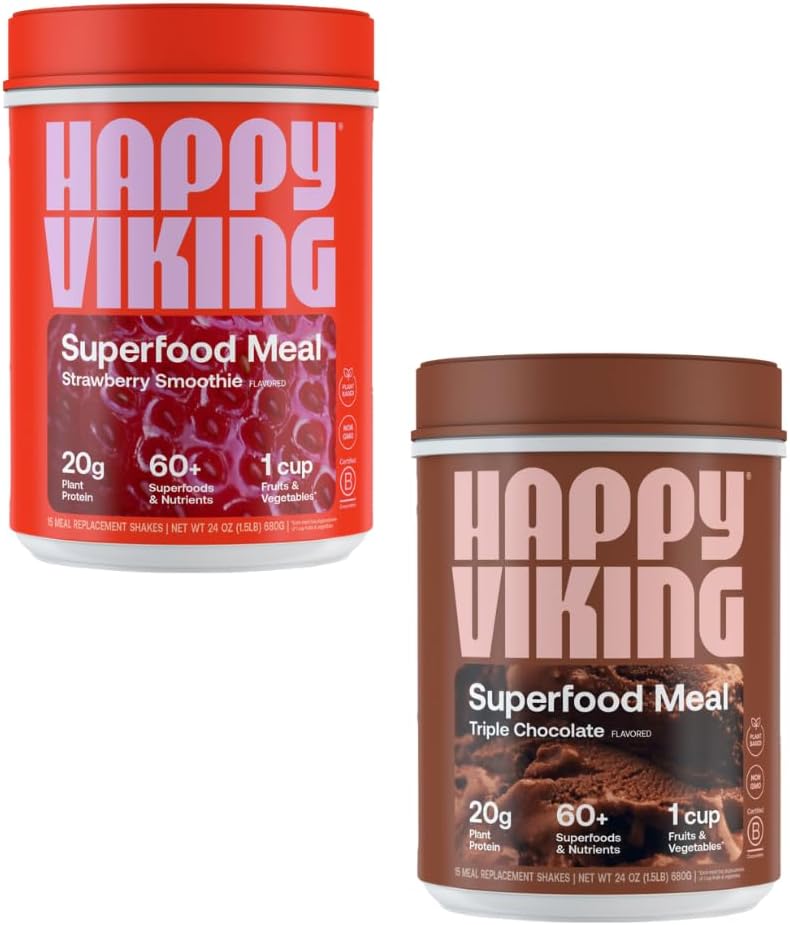 Happy Viking Chocolate and Strawberry Powder, Venus Williams, 20G Protein, Low Carb, Keto, Vegan, Gluteenivaba, Superfoods, Complete Meal Asendamine, 2 Canisters (24 oz). Iga