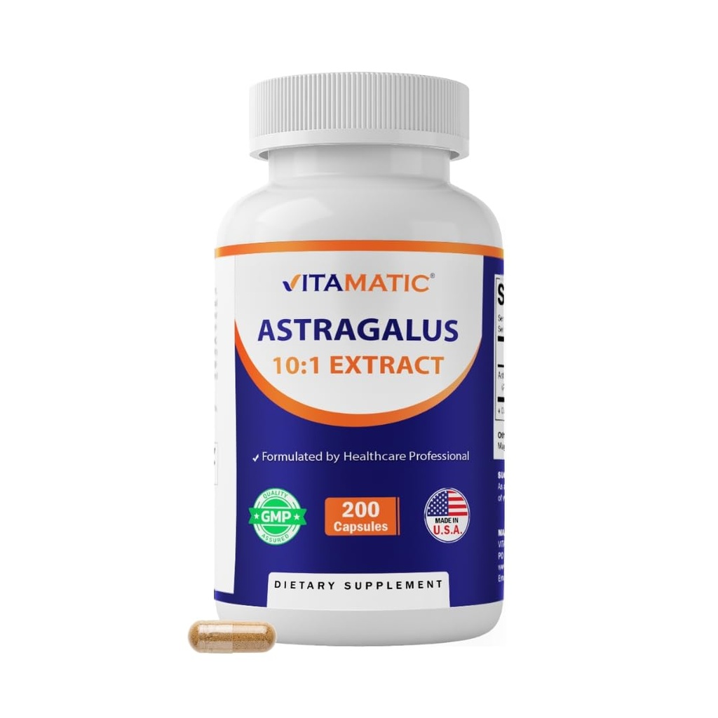 Vitamatic Astragalus Capsules 200 Veg Capsules - 10: 1 Astragalus Extract 500mg - Non- GMO, Gluteenivaba