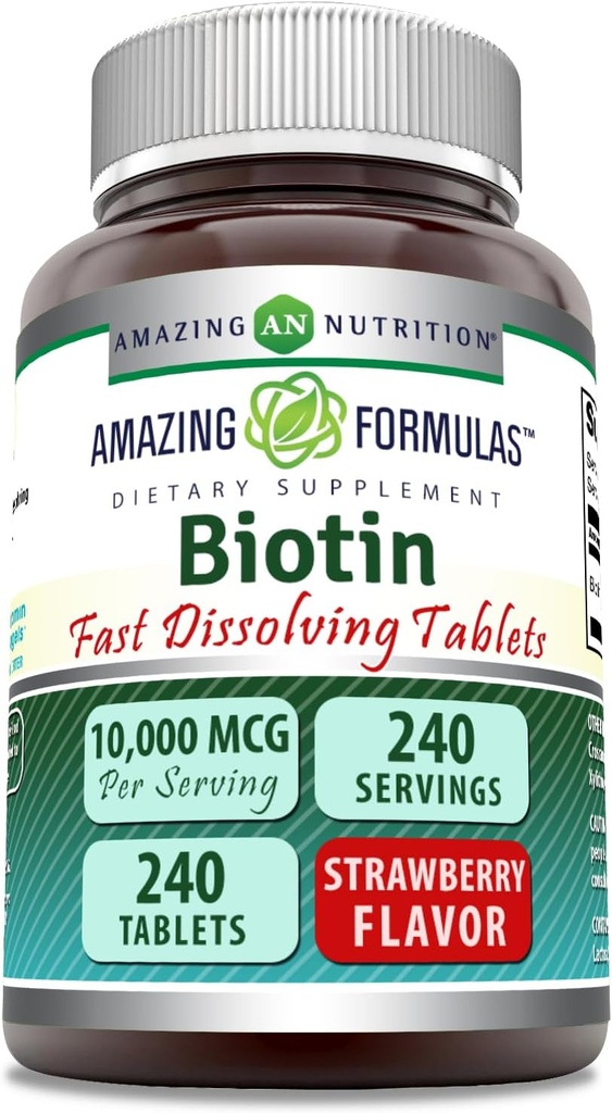 Hämmastav valem Biotiin 10 000 Mcg | Kiiresti lahustuvad tabletid | Mitte-GMO | Gluteenivaba toidulisand | valmistatud USAs (Maasikas | 240 Count)