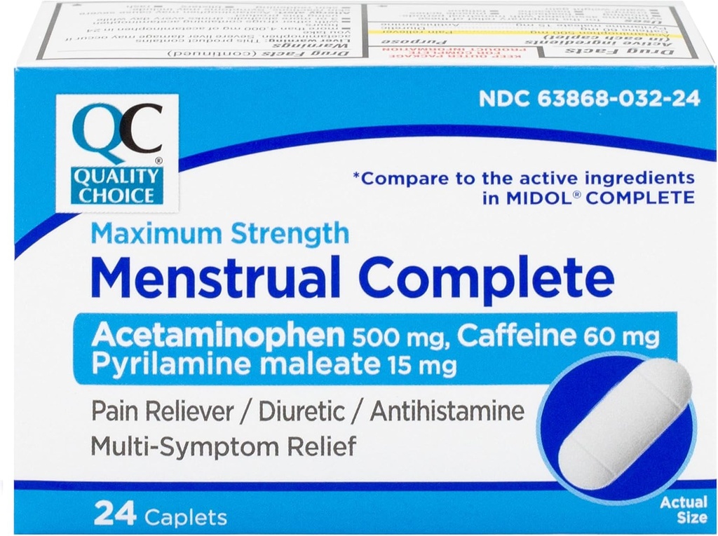 Kvaliteedivalik Menstruaalversioon Täielik Max Tugevusperiood Valu leevendamine, 500 mg atsetaminofeeni, 60 mg kofeiini, 15 mg pürilamiini Maleaati, krambid, Bloating, peavalu. 24 loend.