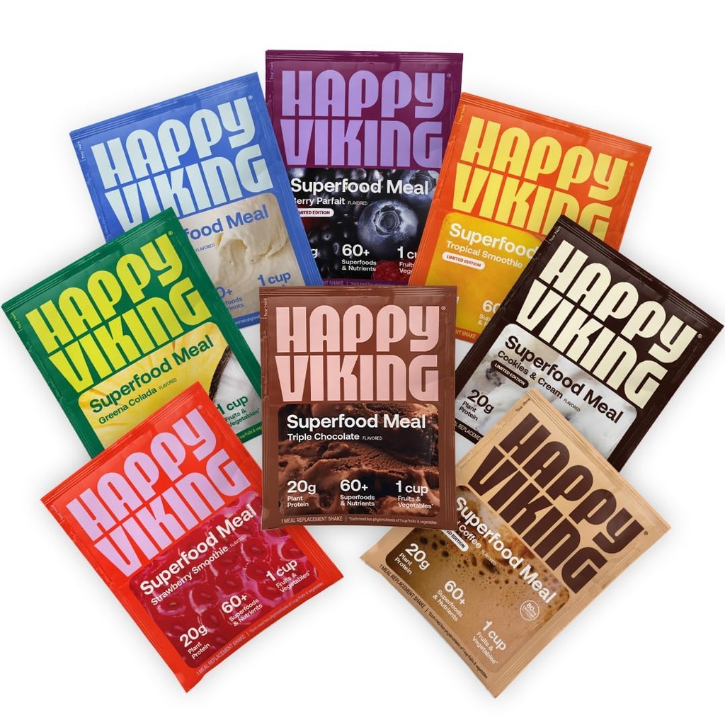 Happy Viking Variety Pack Plant Protein Powder, mille on loonud Venus Williams, 20G valk, madal süsivesik, Keto, Vegan, Gluteenivaba, GMO-vaba, Superfoods, Complete Meal Asendamine, 8 Single Serve Packs