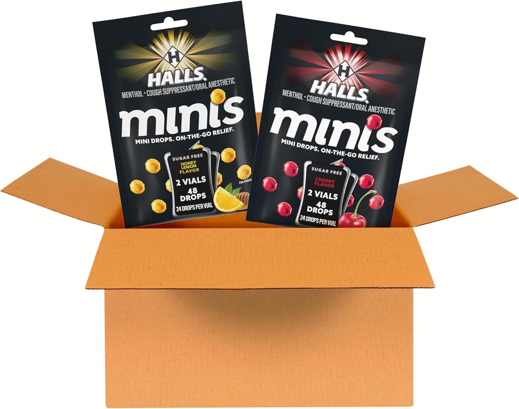HALLS Minis Cherry ja Honey Sidrun Sugar Free Cough tilgad Variety Pack, 2 kotti, 4 pakendit (96 kokku tilka)