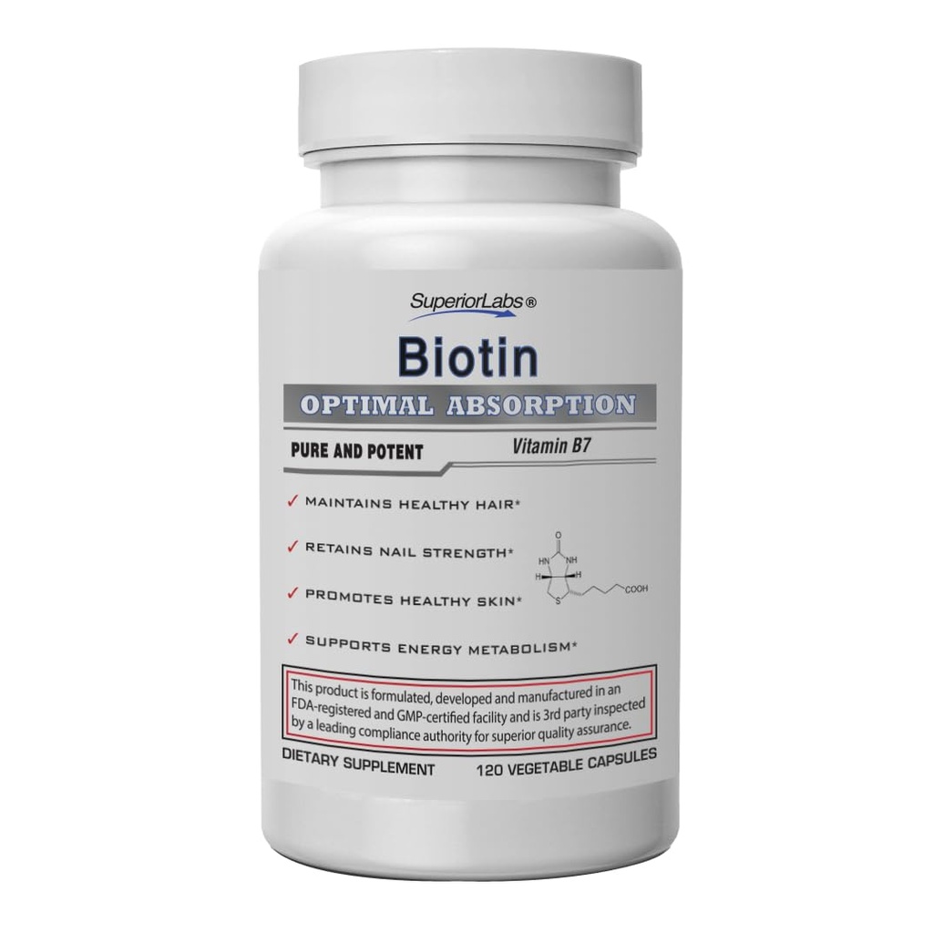 Superior Labs - Parim looduslik Biotin NonGMO täiendus - mahedamate pikemate juuste ja ripsmete jaoks - tugevamad küüned - tervislik nahk - energia suurendaja - tervislik kaal - 5000 mcg, 120 köögiviljamütsi