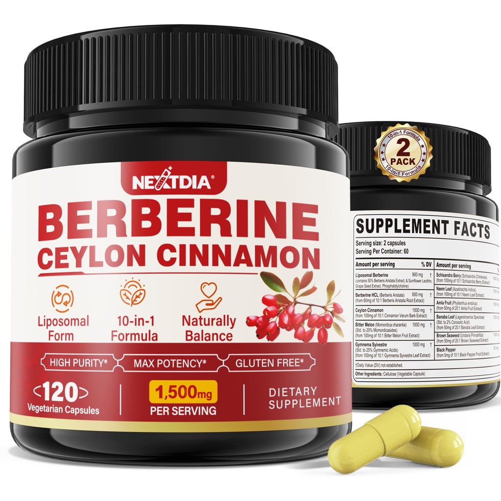 2 Pack 1500mg Liposomal Berberine HCL koos Ceylon Cinnamon Bitter Melon, Orgaaniline Berberine Complex toidulisandeid Banana Leaf, toetab immuunsüsteemi ja seedimist - Vegan 240 kapslid