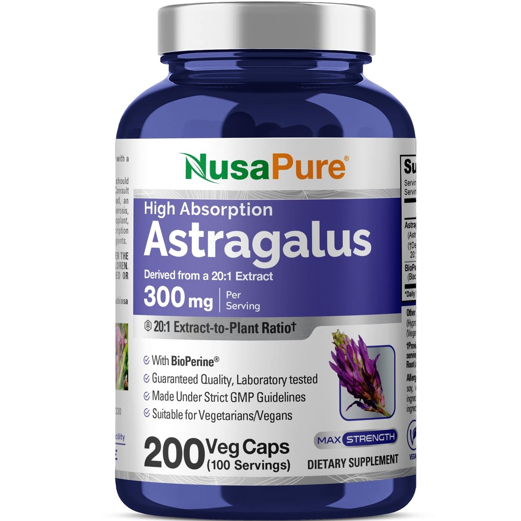 NusaPure Astragalus 20: 1 Ekstrakt , 300 mg , mis vastab 6000 mg-le ühe portsjoni kohta , 200 Veggie kapslit , Non-GMO & Bioperine