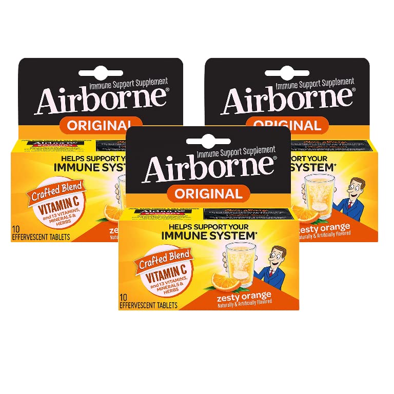 Airborne 1000mg C-vitamiini tsink kihisevad tabletid, immuunsüsteemi tugi täiendada võimas antioksüdandid Vitamiinid A C & E - 10 Fizzy joogi tabletid, Zesty Orange maitse (Zesty Orange (Pack of 3))
