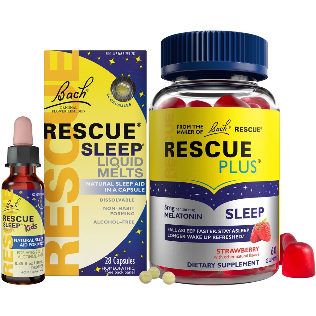 RESCUE Nighttime Sleep Aid Bundle, 3Pk - Bach Sleep Kids Dropper, 10mL Sleep Vedelik sulab, 28Ct Plus Sleep Gummies 5mg melatoniini / annus, 60Ct