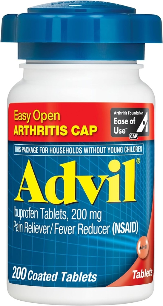 Advil (200 krahv) Lihtne avatud artriit Cap valu leevendaja / palaviku vähendaja kaetud tablett, 200 mg ibuprofeen, ajutine valu leevendamine